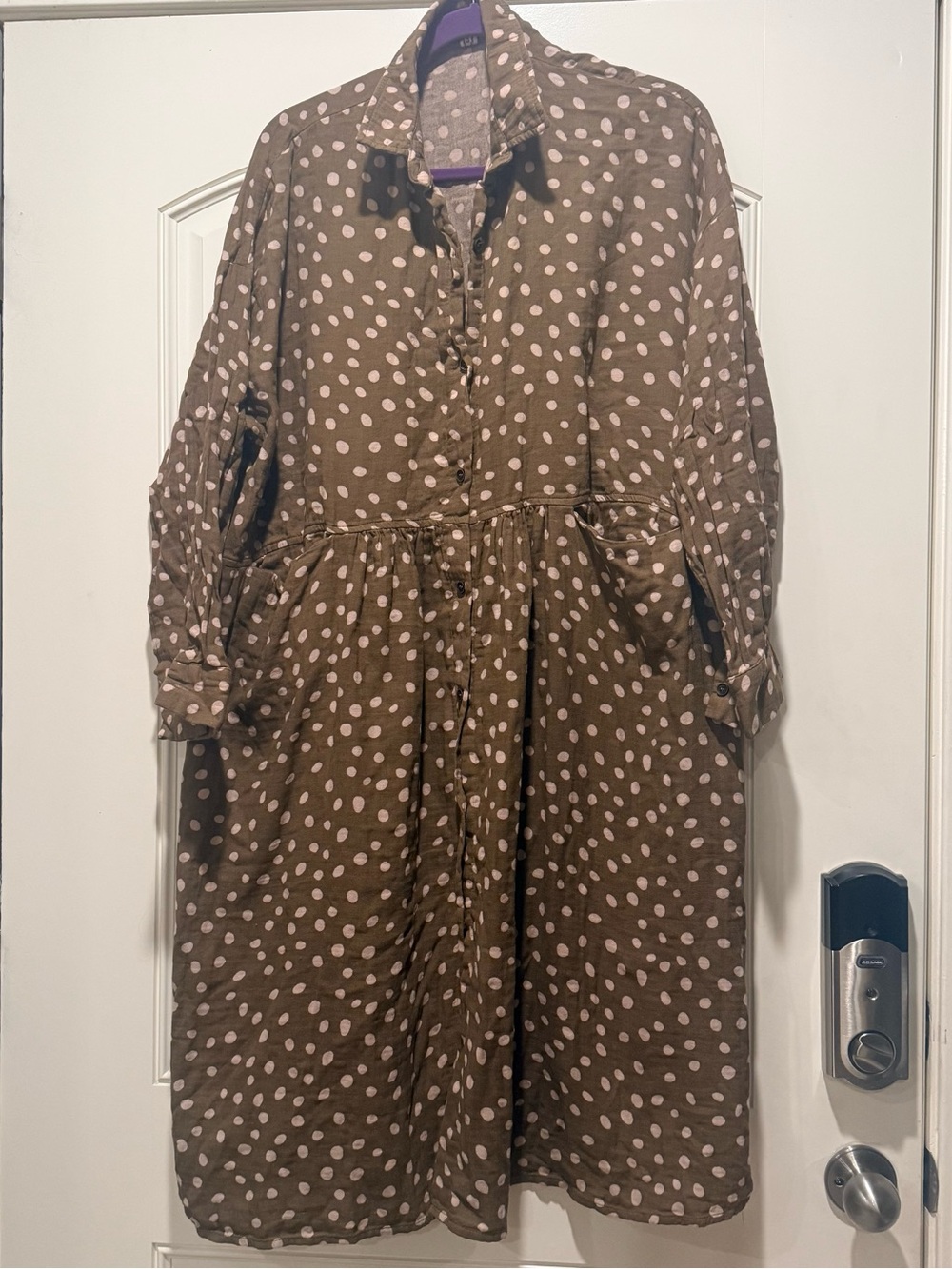 Polka Dot Midi Shirt Dress - Brown with White Dots